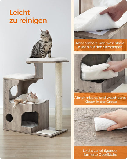 Kompakter Katzenkratzbaum mit Höhle und Liegeflächen, greige