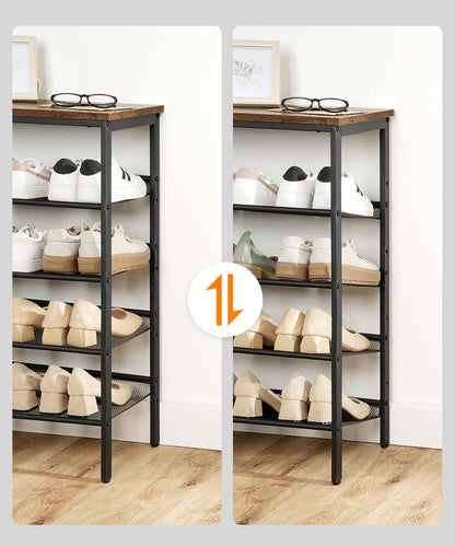 5-stöckiges Schuhregal mit verstellbaren Gitterablagen, Dunkelbraun + Schwarz 75 x 30 x 81 cm