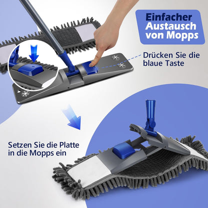 Wischmopp-Set mit 4 Pads und Schaber, Chenille+Mikrofaser Mopp
