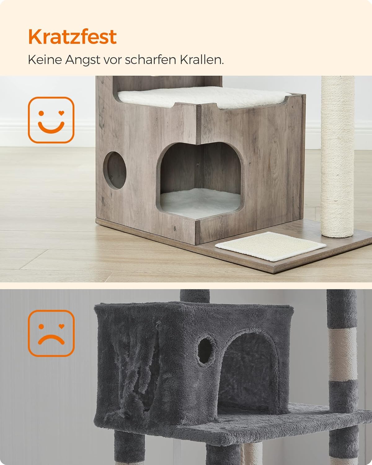 Kompakter Katzenkratzbaum mit Höhle und Liegeflächen, greige