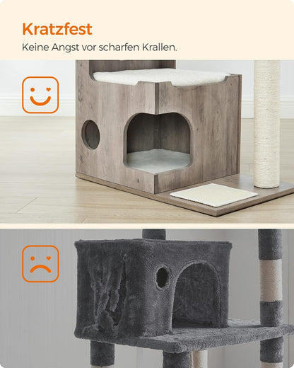 Kompakter Katzenkratzbaum mit Höhle und Liegeflächen, greige