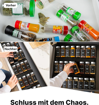 Gewürzgläser-Set mit Schubladeneinsatz, 24 Stk, ausziehbar, Schwarz, Deckel Edelstahl