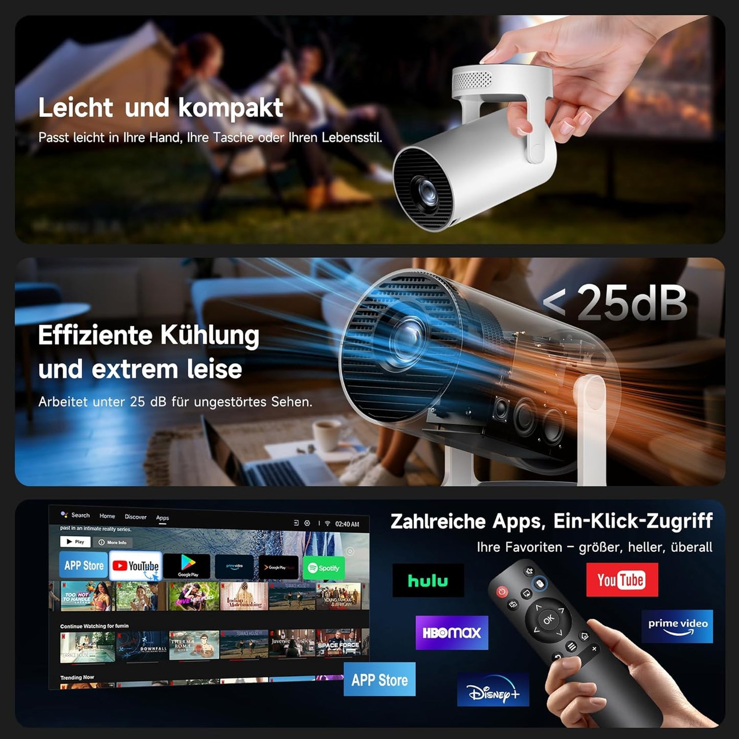 Smart Mini Beamer mit 4K/1080P Unterstützung, Grauweiss