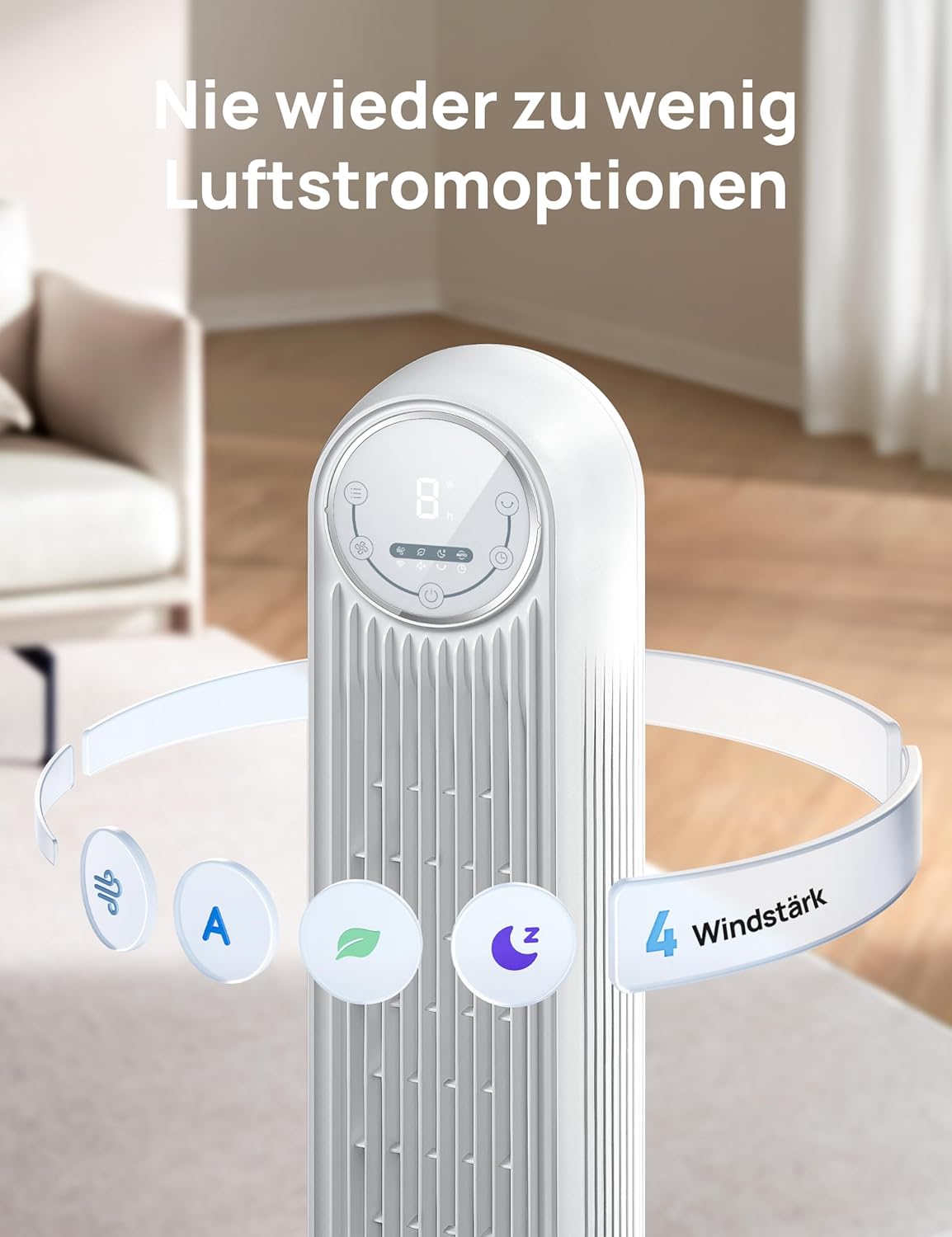 Leiser Turmventilator mit Fernbedienung und Timer, White