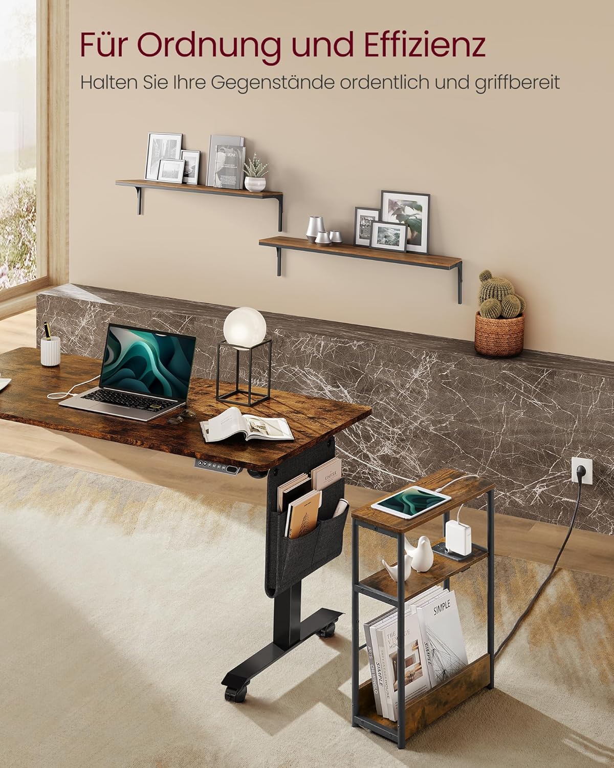 Schmaler Beistelltisch mit Ladefunktion und Ablagen, Vintagebraun + Tintenschwarz