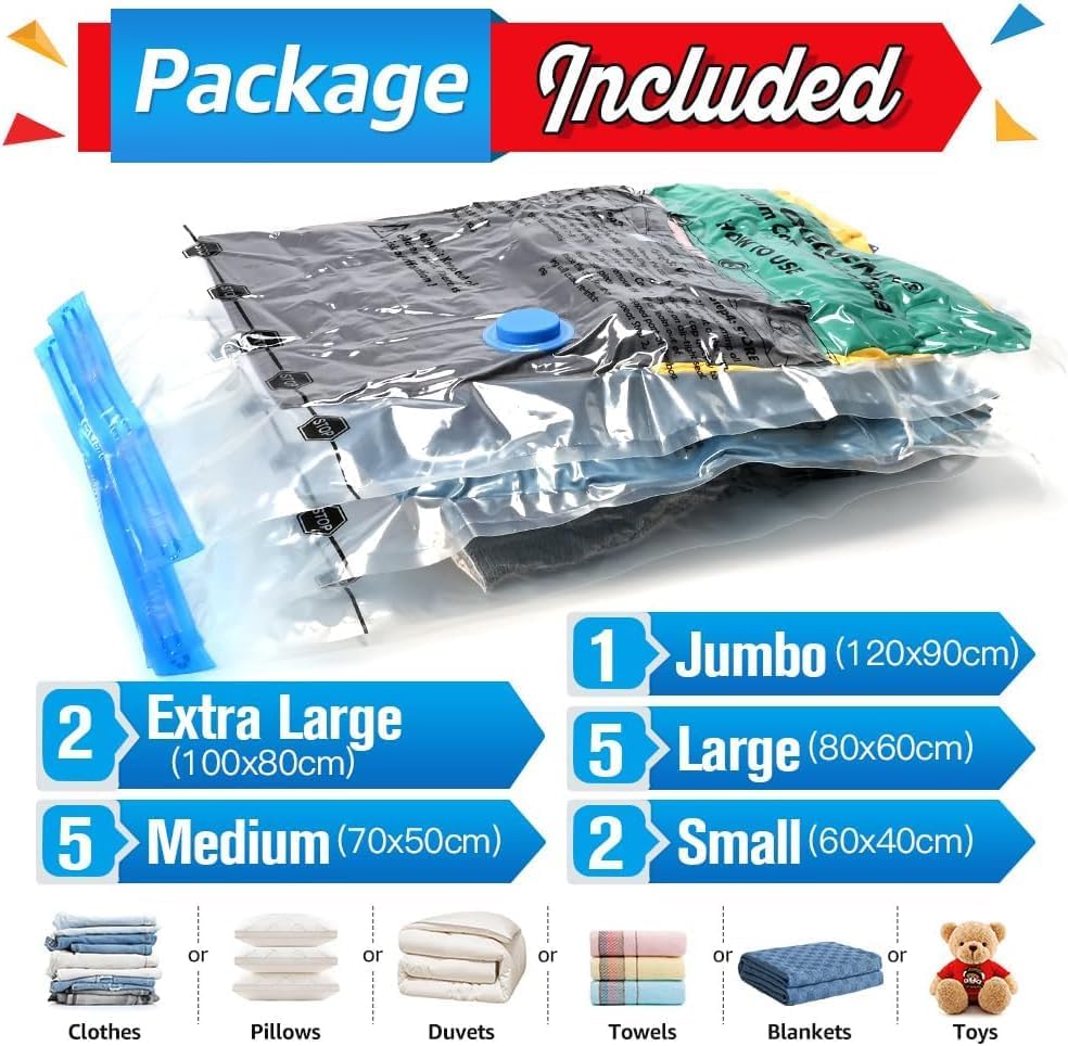 Vakuumbeutel-Set für Kleidung (15 Stück), 15 Stück (1XXL,2XL,5L,5M,2S)
