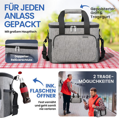 Faltbare Kühltasche mit Flaschenöffner & verstärktem Boden, Hellgrau 30L