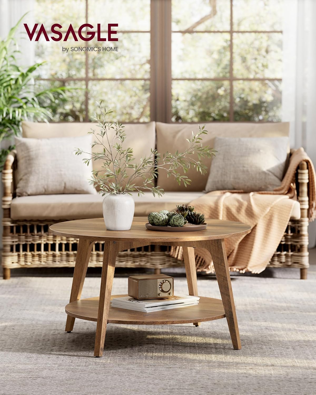 Runder Couchtisch mit 2 Ebenen, 80 cm Durchmesser, Honigbraun