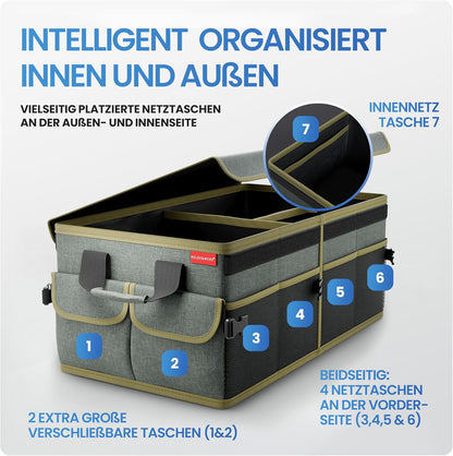 Faltbarer Kofferraum-Organizer mit Deckel, Grün mit Dunkelgrünem Saum