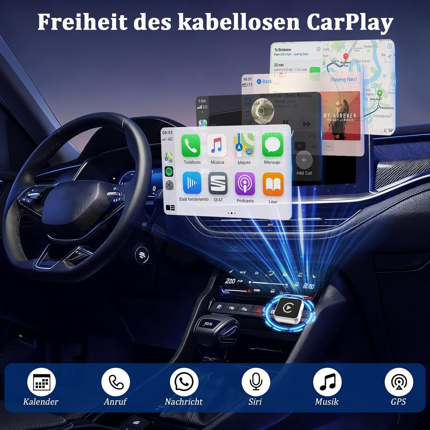 2-in-1 Carplay & Android Auto Wireless Adapter, Tiefschwarz