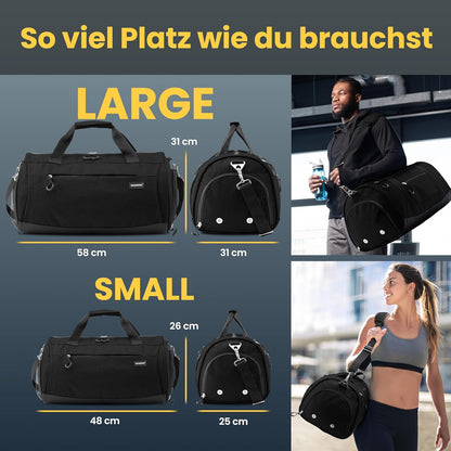 Sport- und Reisetasche mit Schuh- und Nassfach, Schwarz 58 x 31 x 31 cm (Large 50L)