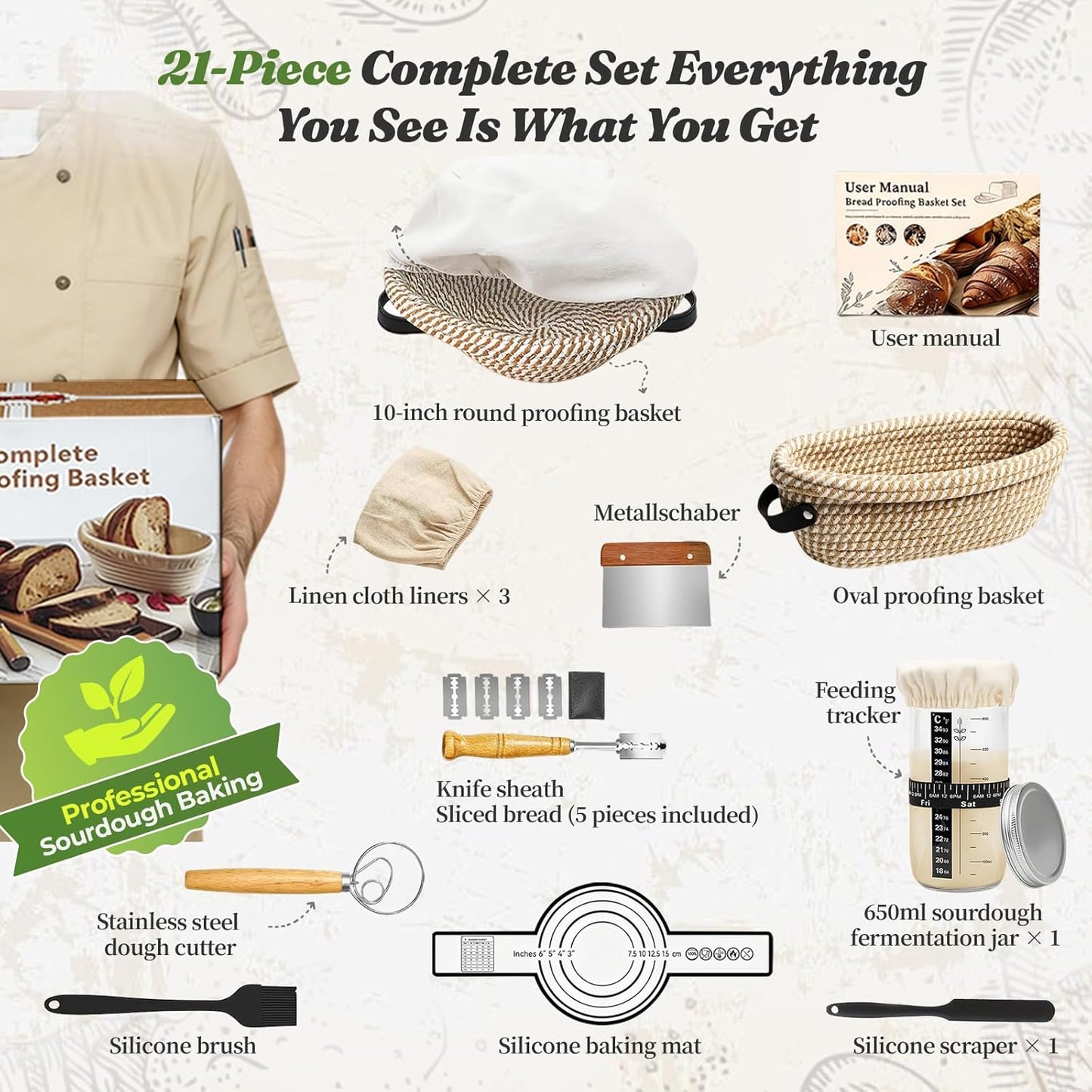 Sauerteig-Starter-Set mit Gärkörbchen und Zubehör, 21-baumwollseil Sauerteig Starter Set
