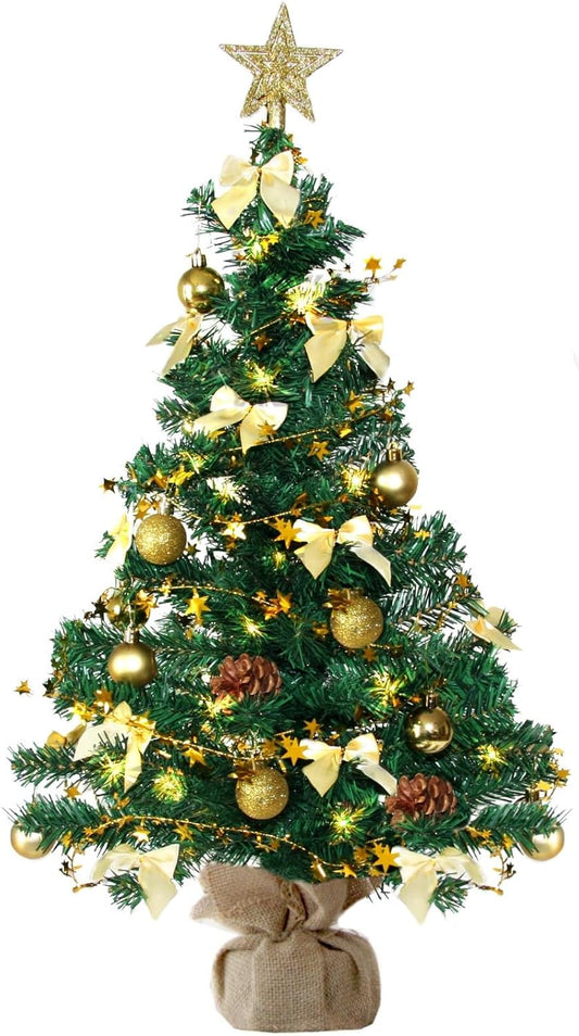 Künstlicher Weihnachtsbaum mit Deko & LED-Lichterkette, 60 cm Grün-gold-braun+warmweiss